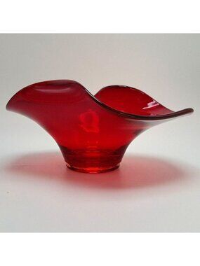 Viking Glass Red Swung Vase Candy Dish Wavy Edge Art Glass Vintage Decor Piece